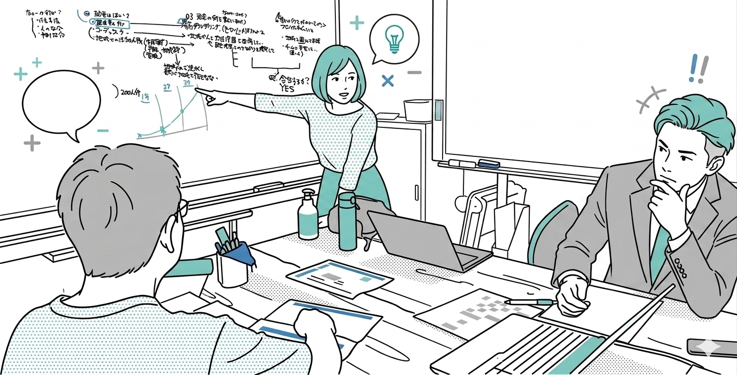 専門的な知見に基づいた個別相談の風景。ホワイトボードを介して、行政やNPO、企業といった多様な主体との連携の進め方や、事業のロードマップを共に整理している様子